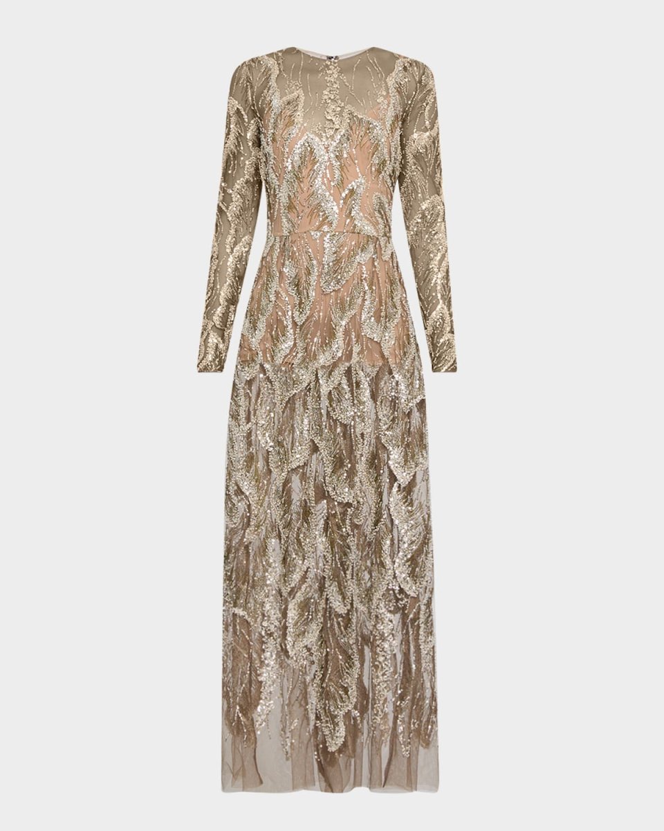 Embellished Sheer Tulle Long-Sleeve Gown